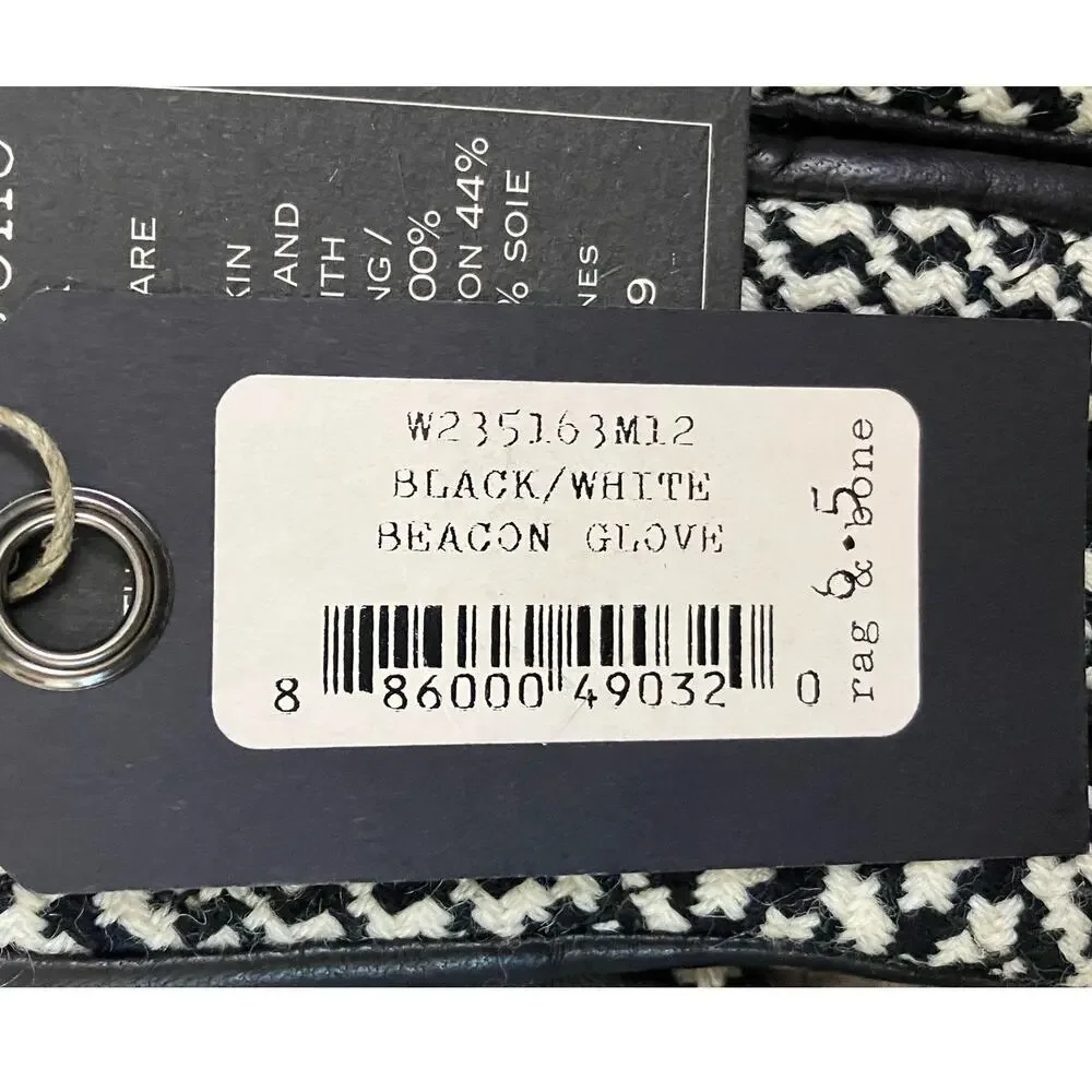 New Rag & Bone Houndstooth Black White Lambskin Beacon Gloves Size 6.5